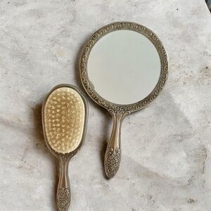 Victorian Heavy Metal Silver Plated Mirror and Brush Set